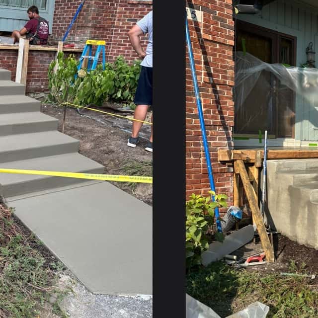 Two views of a new front walkway pour with steps beside a brick home — JFC Concrete LLC, Indianapolis, IN